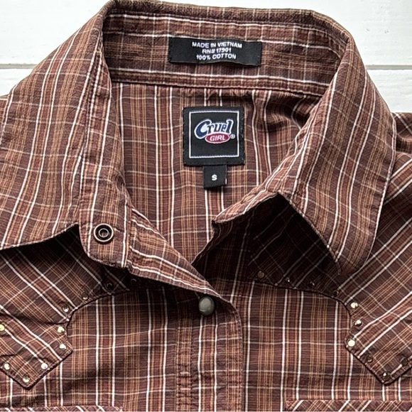 Vintage 90s Cruel Girl Punk Western Plaid Grunge Button Down Brown Long Sleeve S - Picture 9 of 9